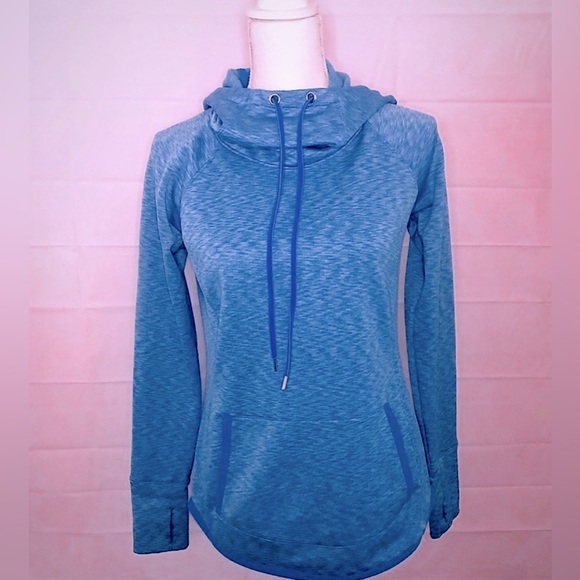 Athleta Teal Blue Ascend Workout Cowl Neck Fleece Lined Hoodie Sweatshirt Size S - Picture 8 of 8